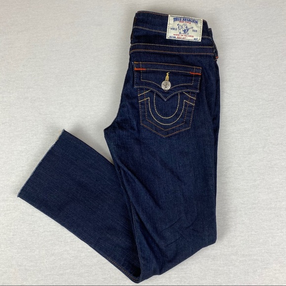 True Religion Becky Raw Edge Hem Dark Wash Flap Pocket TR Logo Bootcut Jeans - Picture 10 of 13